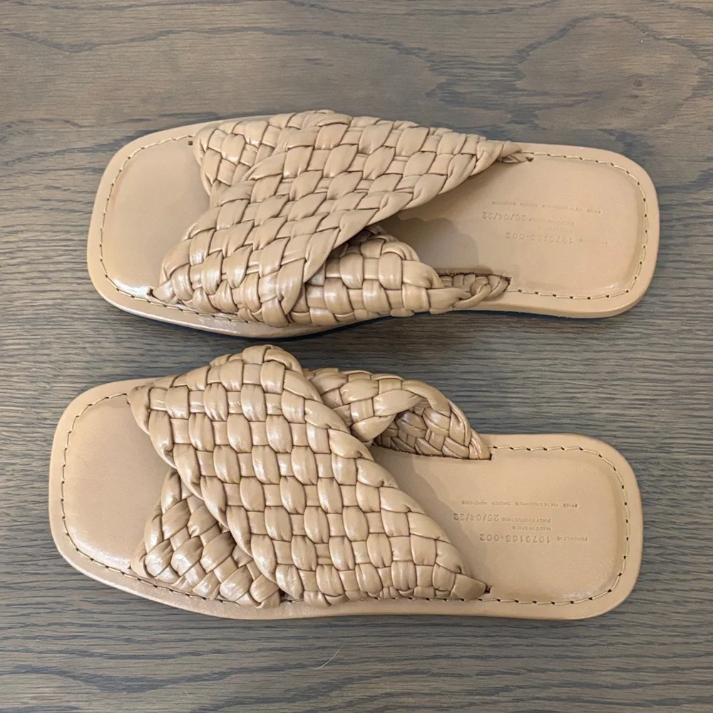 ARKET Woven Leather Square Toe Slide Sandals Tan EU 38